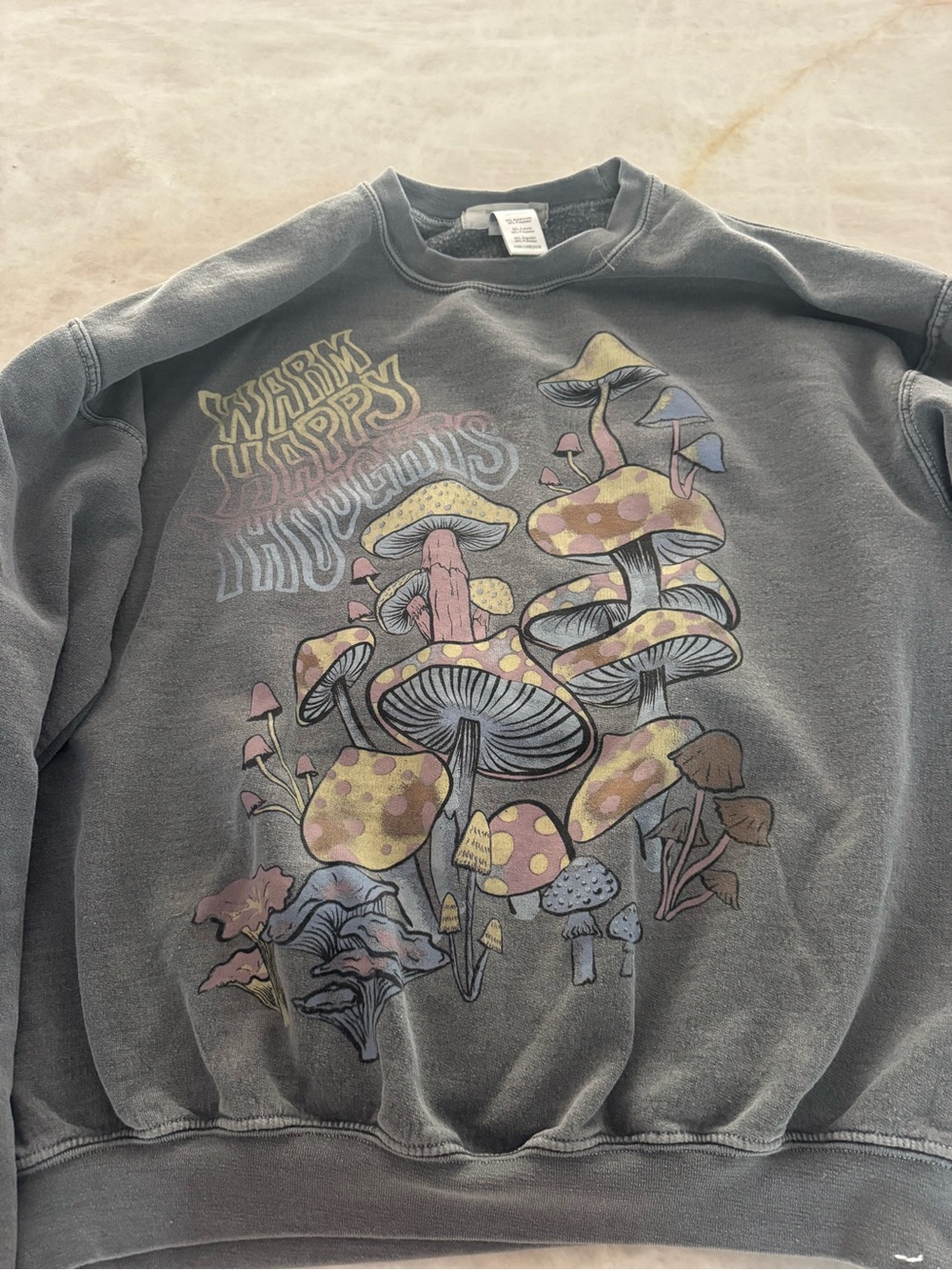 Project Social T Gray 'Warm Happy Mushrooms' Graphic Crewneck Sweatshirt